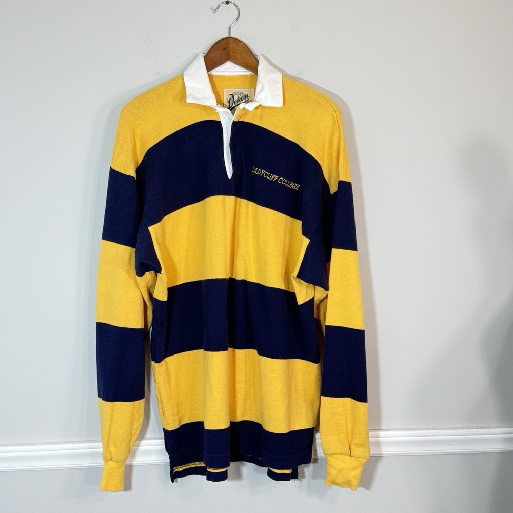 Vtg Dehen Ladycliff College Rugby Polo Shirt Mens LG Colorblock LS Yellow Navy - Picture 3 of 10